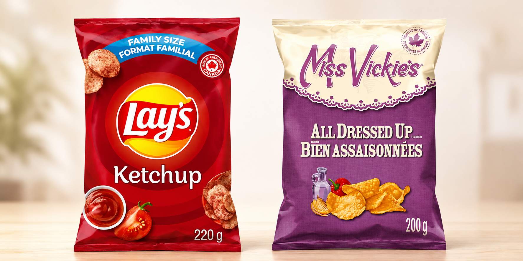 Bowl of Canadian-style potato chips including ketchup and all-dressed flavours