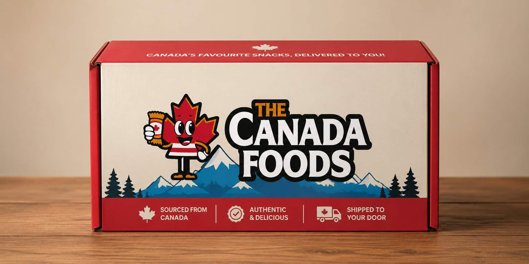 Cardboard shipping box packed and ready to ship Canadian snacks to the USA