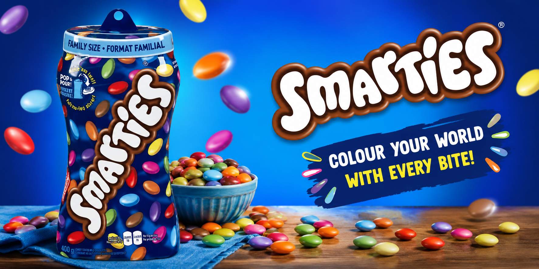 Colourful candy gift box with a ribbon, perfect for gifting Canadian Smarties