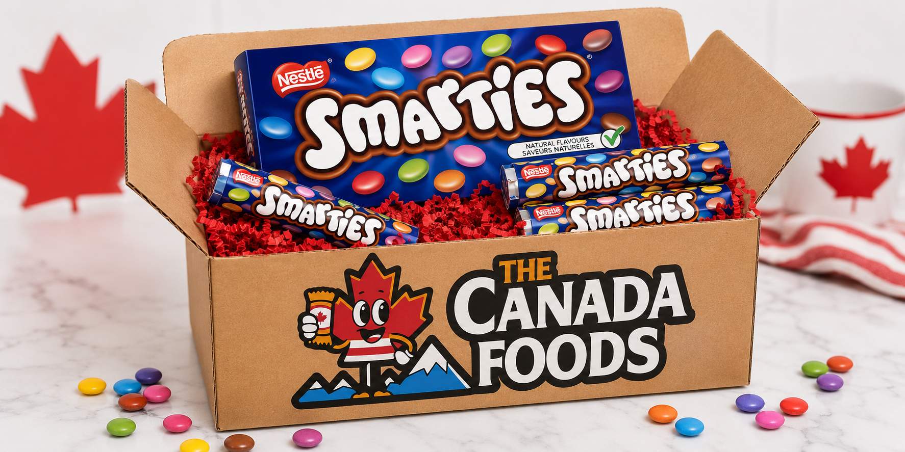Cardboard gift box packed with Canadian candy products ready to ship