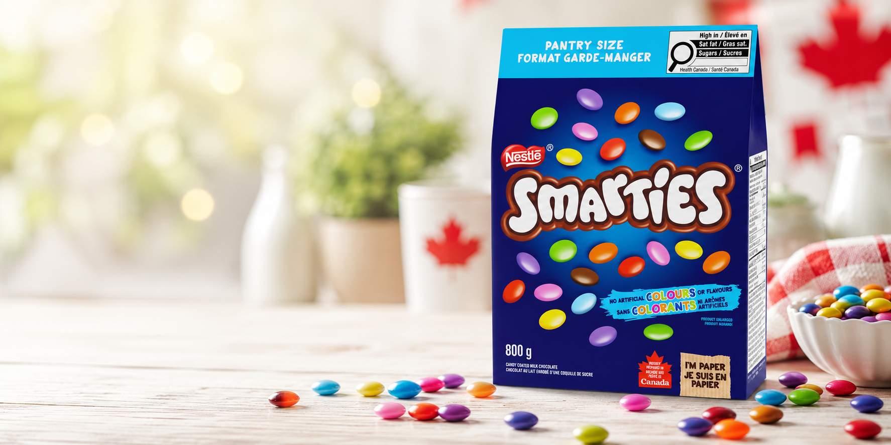 Close-up of colourful candy-coated chocolate pieces similar to Canadian Smarties