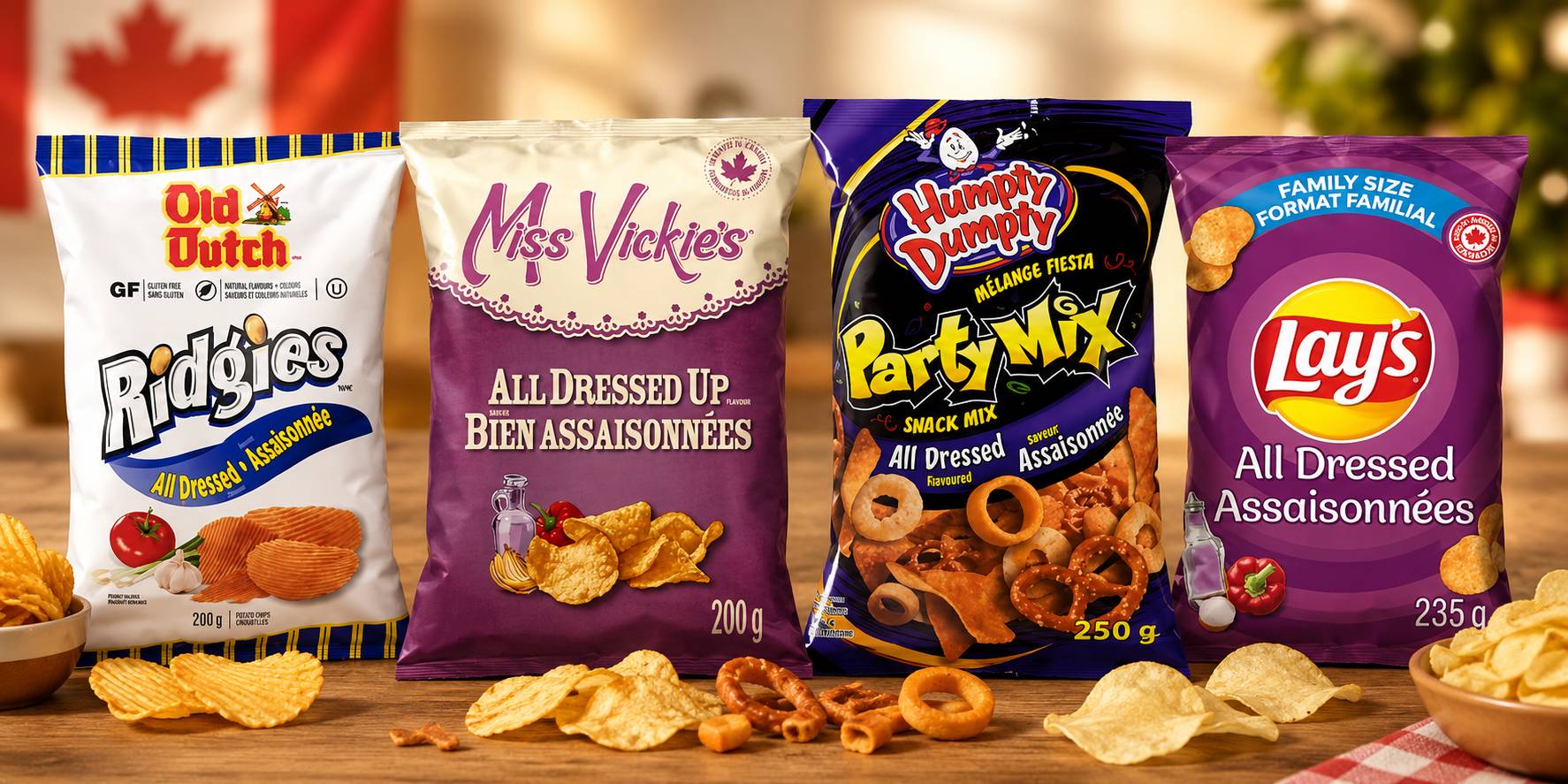 Assorted Canadian potato chip bags on display in a snack aisle