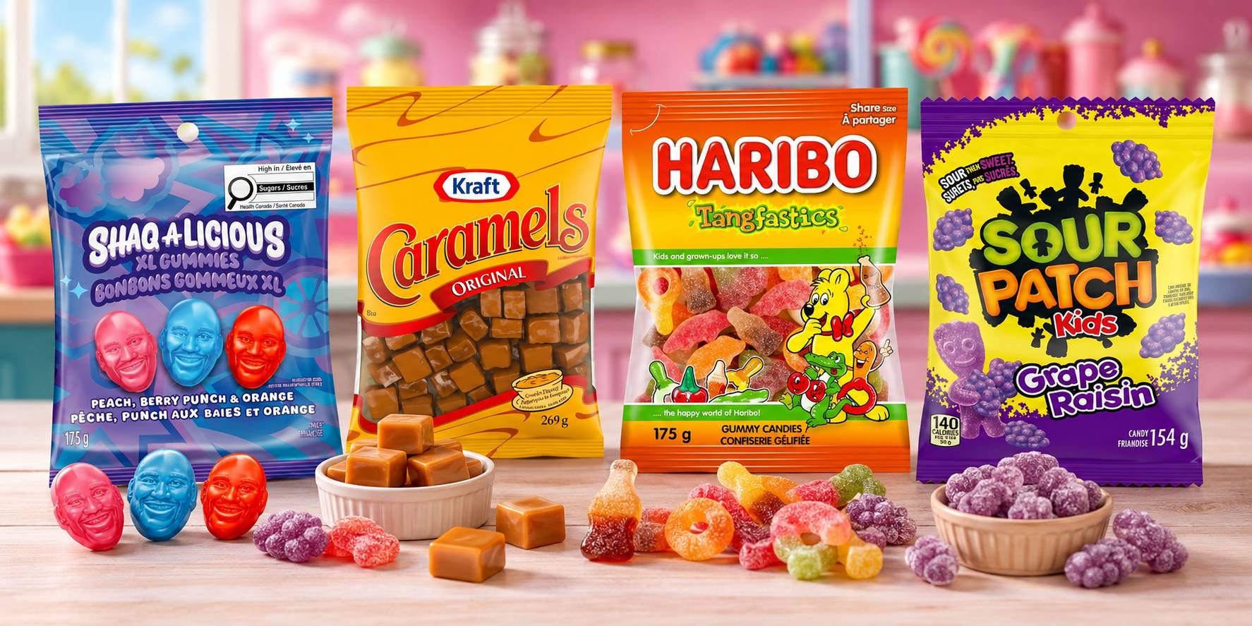 Colourful Canadian gummy candies including Swedish berries and fuzzy peaches
