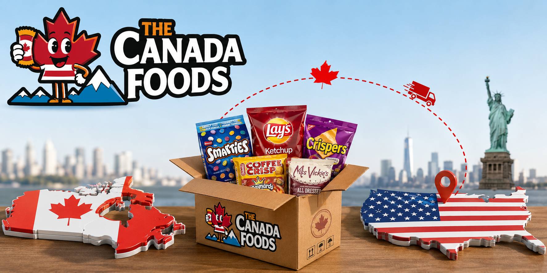 Cardboard shipping box packed and ready to ship Canadian candy to the USA