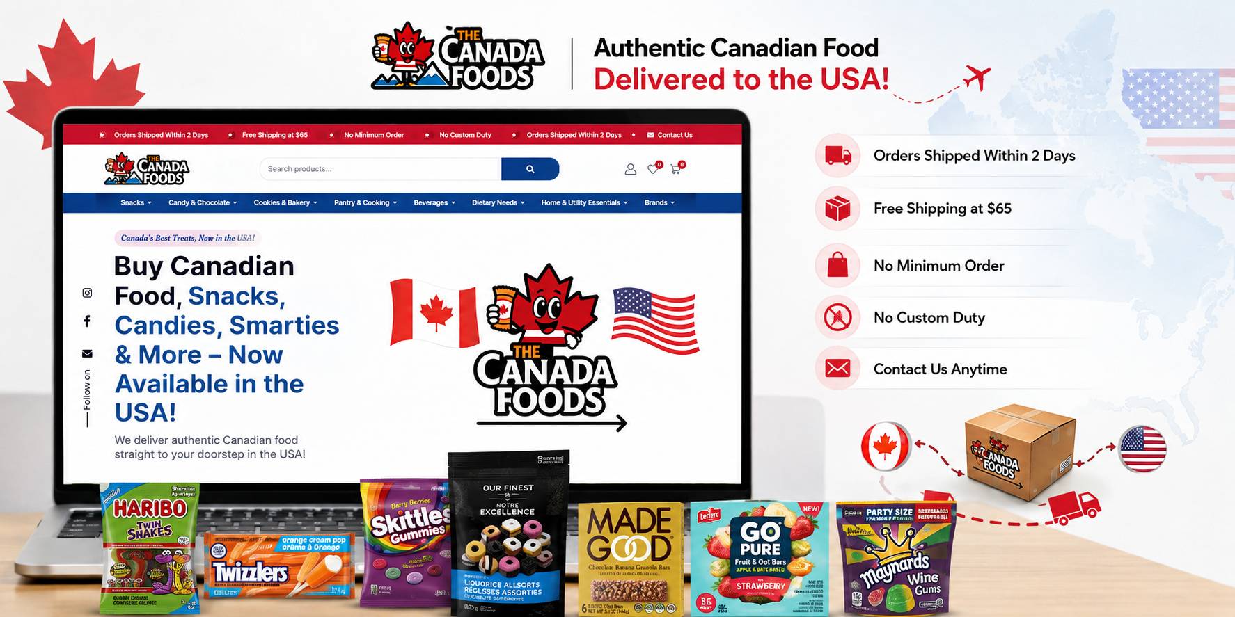 Cardboard shipping box packed and ready to ship Canadian snacks to the USA
