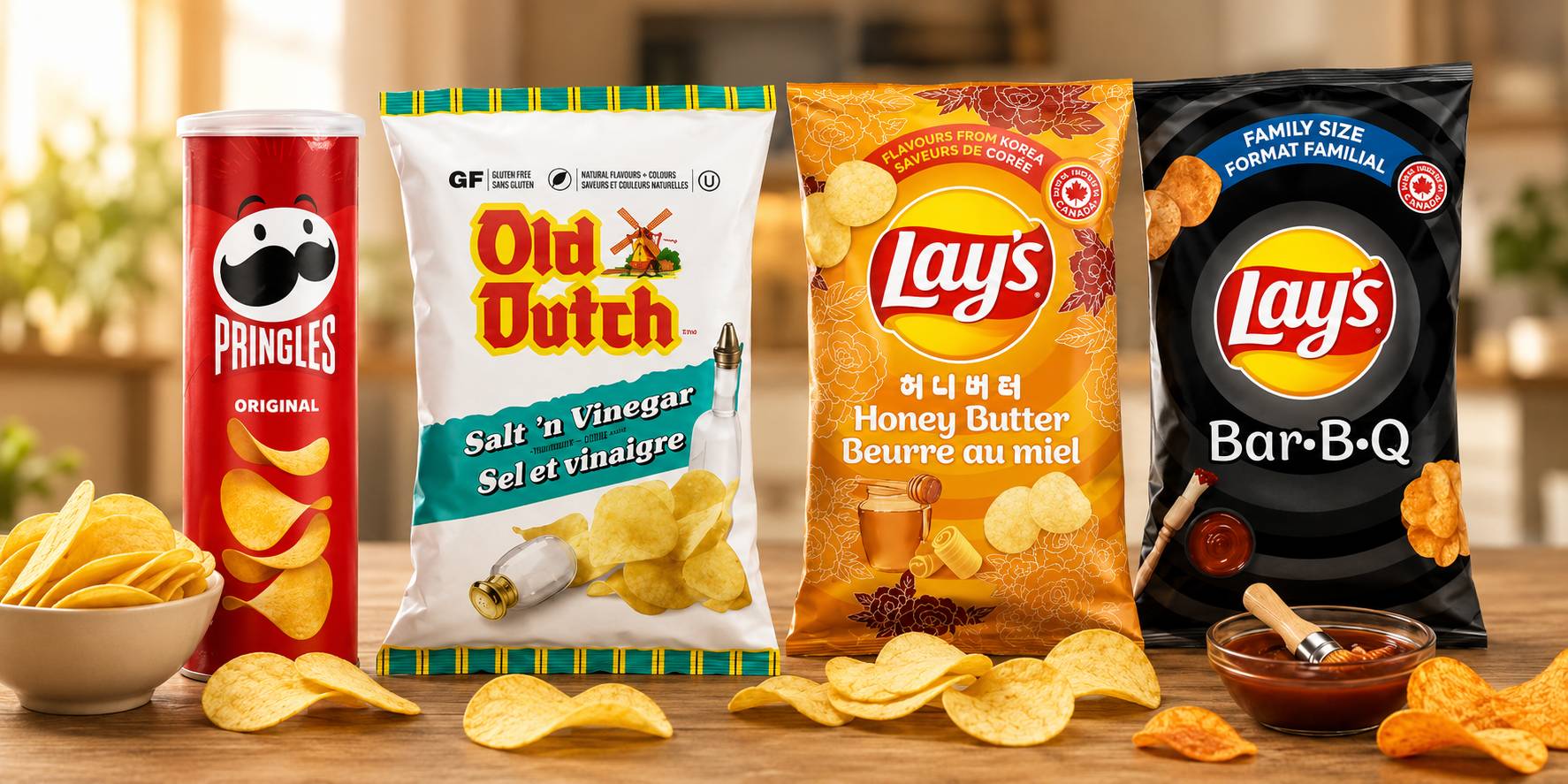 Assorted Canadian potato chip bags on display in a snack aisle