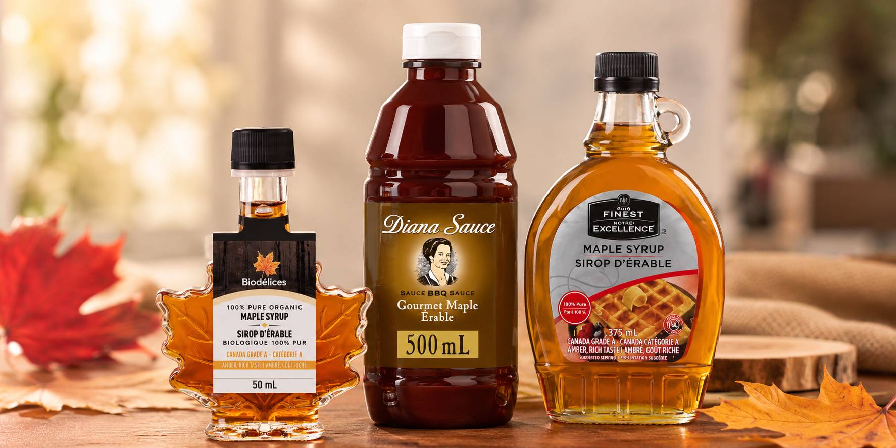 Bottle of pure Canadian maple syrup on a wooden table
