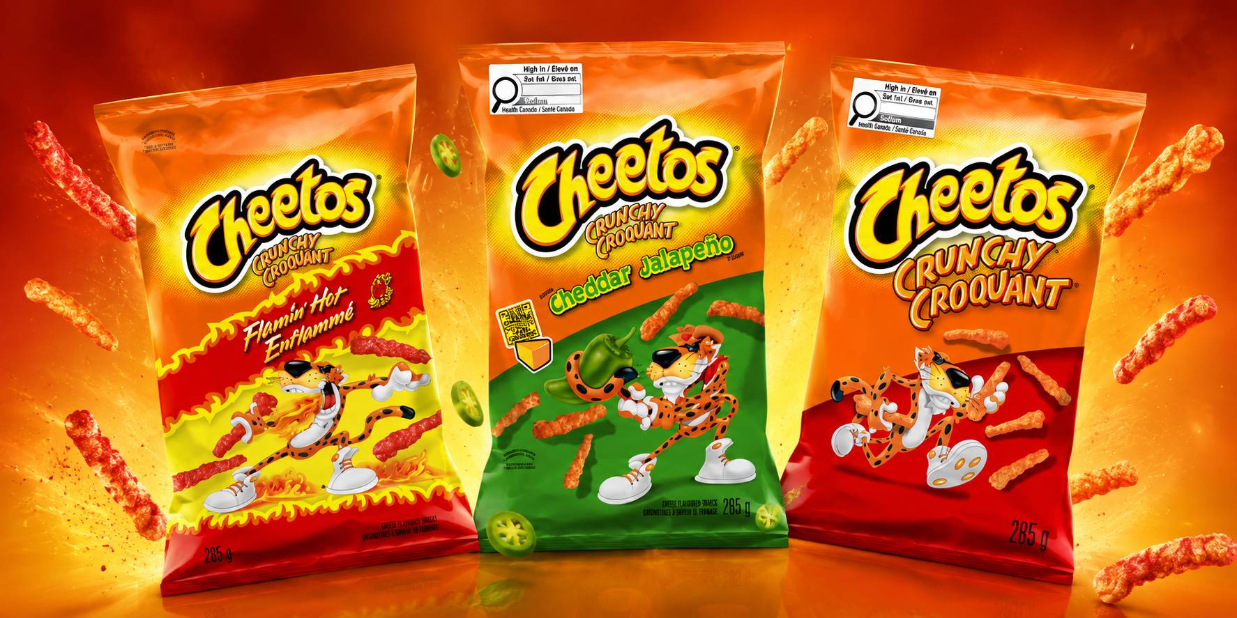 Assorted crunchy cheese-flavored corn snack bags on a shelf