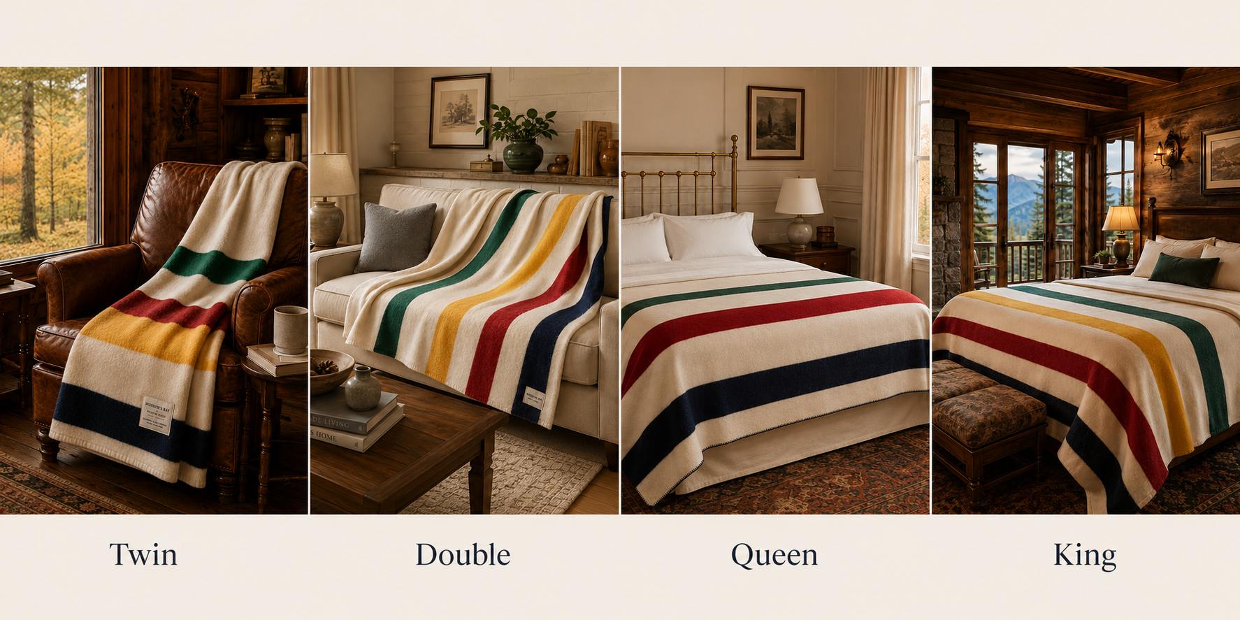 Cozy bed with a folded striped wool blanket