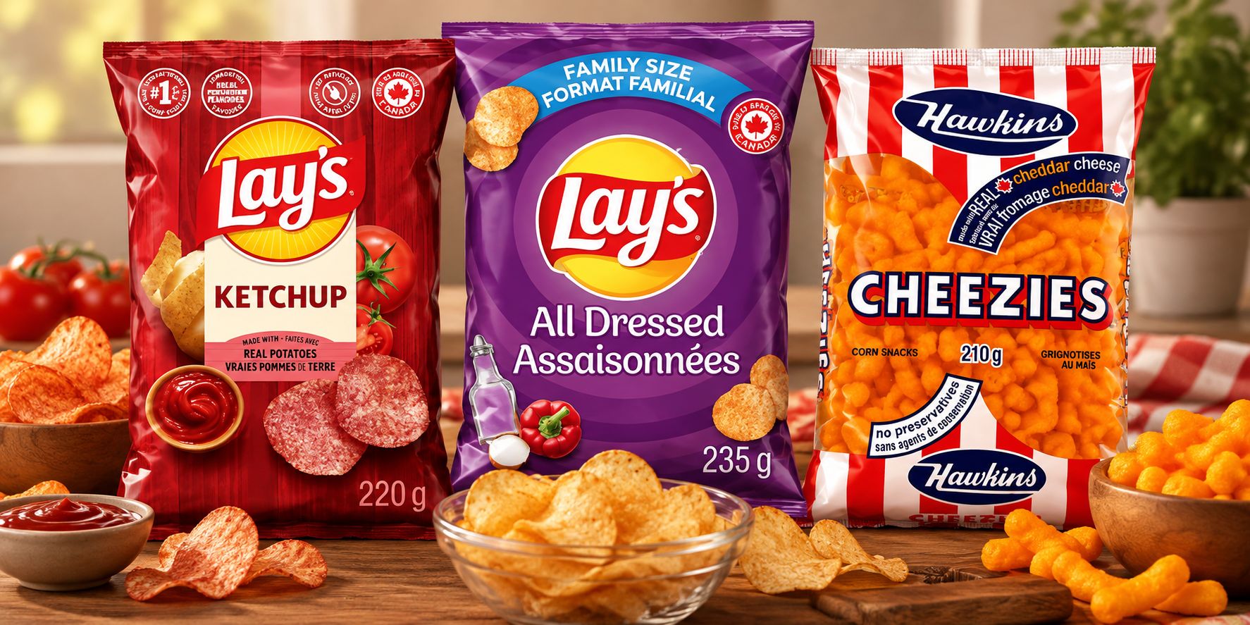 Bowl of Canadian ketchup and all-dressed potato chips