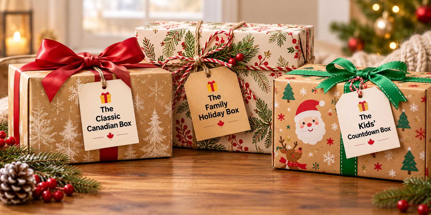 Wrapped Canadian Christmas gift box with ribbon