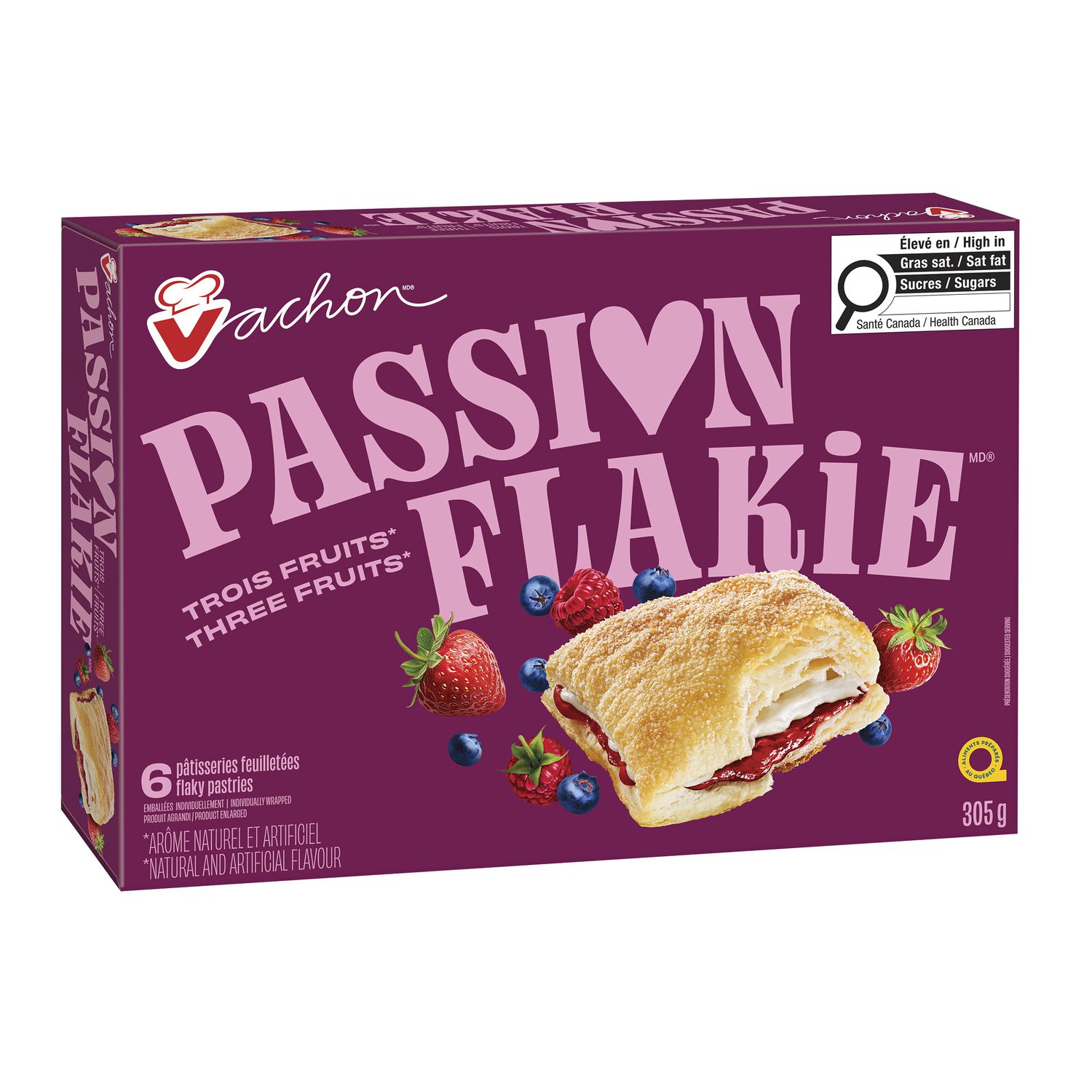 Angled view of Vachon Passion Flakie Three Fruits flaky pastry box showing the side panel