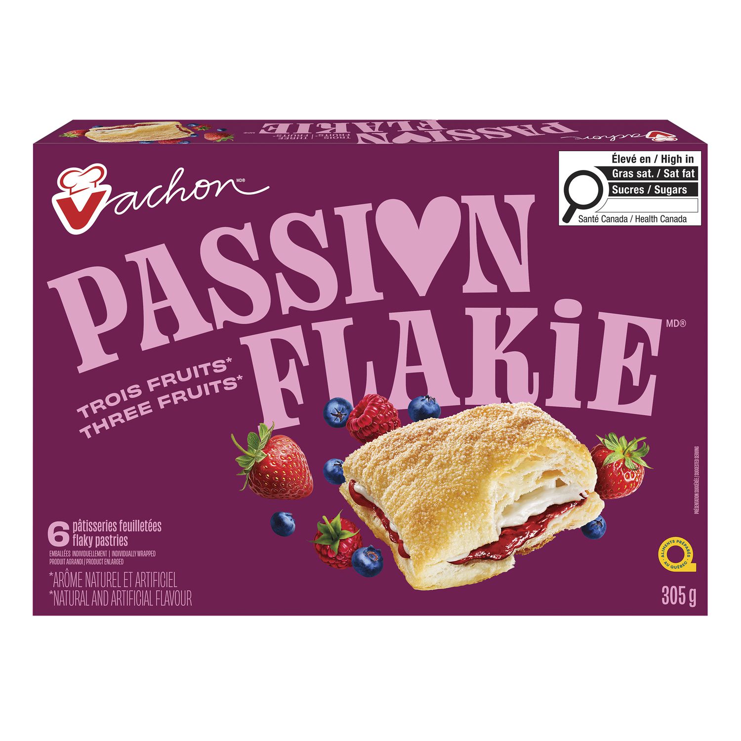 Vachon Passion Flakie Three Fruits 305 g box shown from the front with top packaging visible