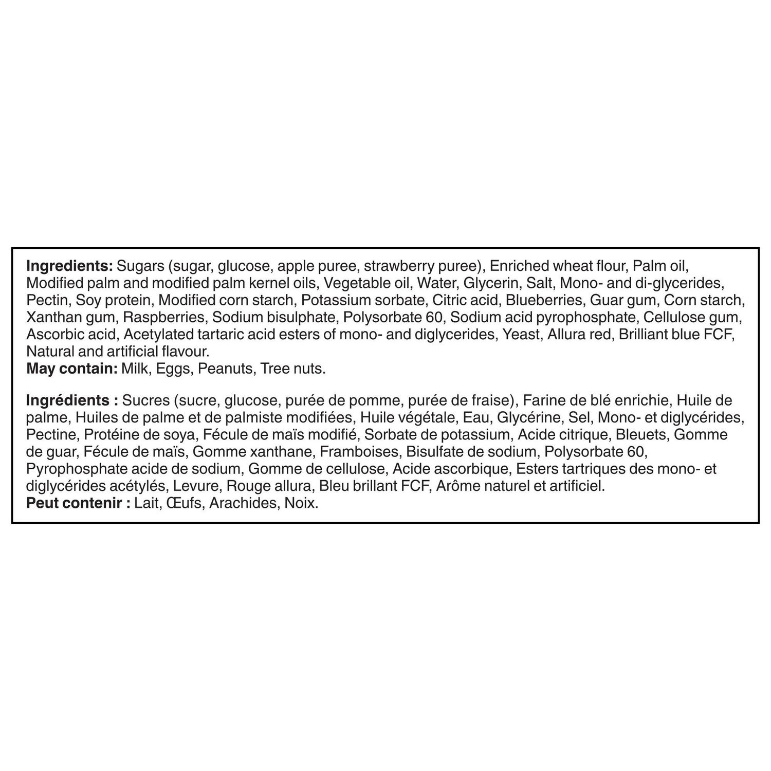 Vachon Passion Flakie Three Fruits pastry ingredients label showing product ingredients and allergen information