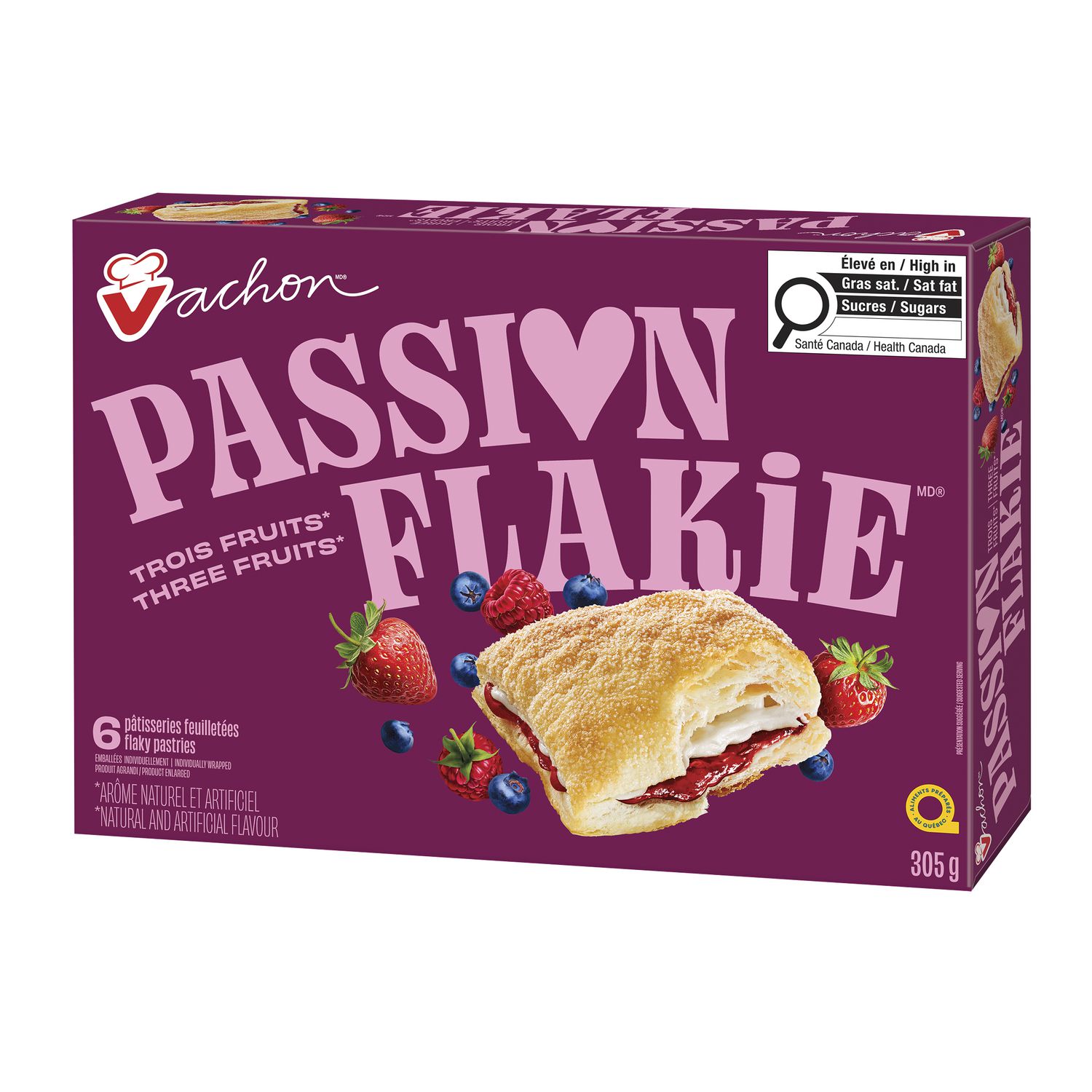 Vachon Passion Flakie Three Fruits pastry package in angled right-side view