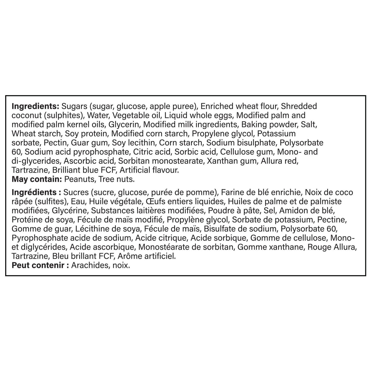 Vachon Jelly Log ingredients label with wheat, coconut, milk, soy, and allergen information