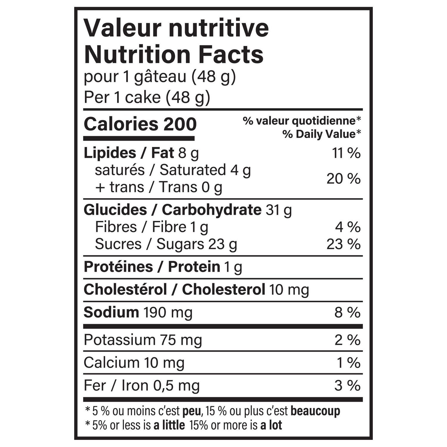 Vachon Jelly Log Nutrition Facts showing calories, fat, carbohydrates, sugars, and sodium per 48 g cake