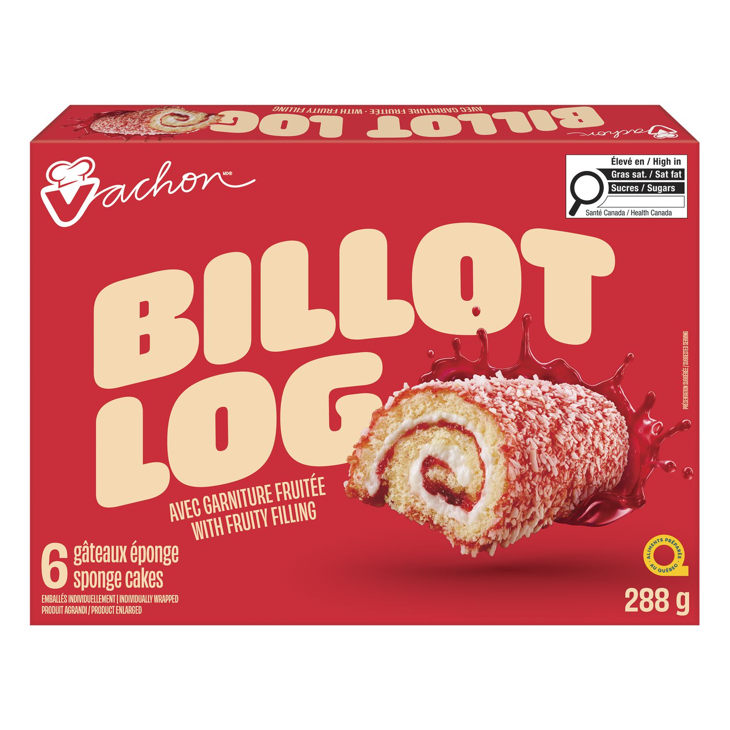 Vachon Jelly Log sponge cake box viewed from the left side and front