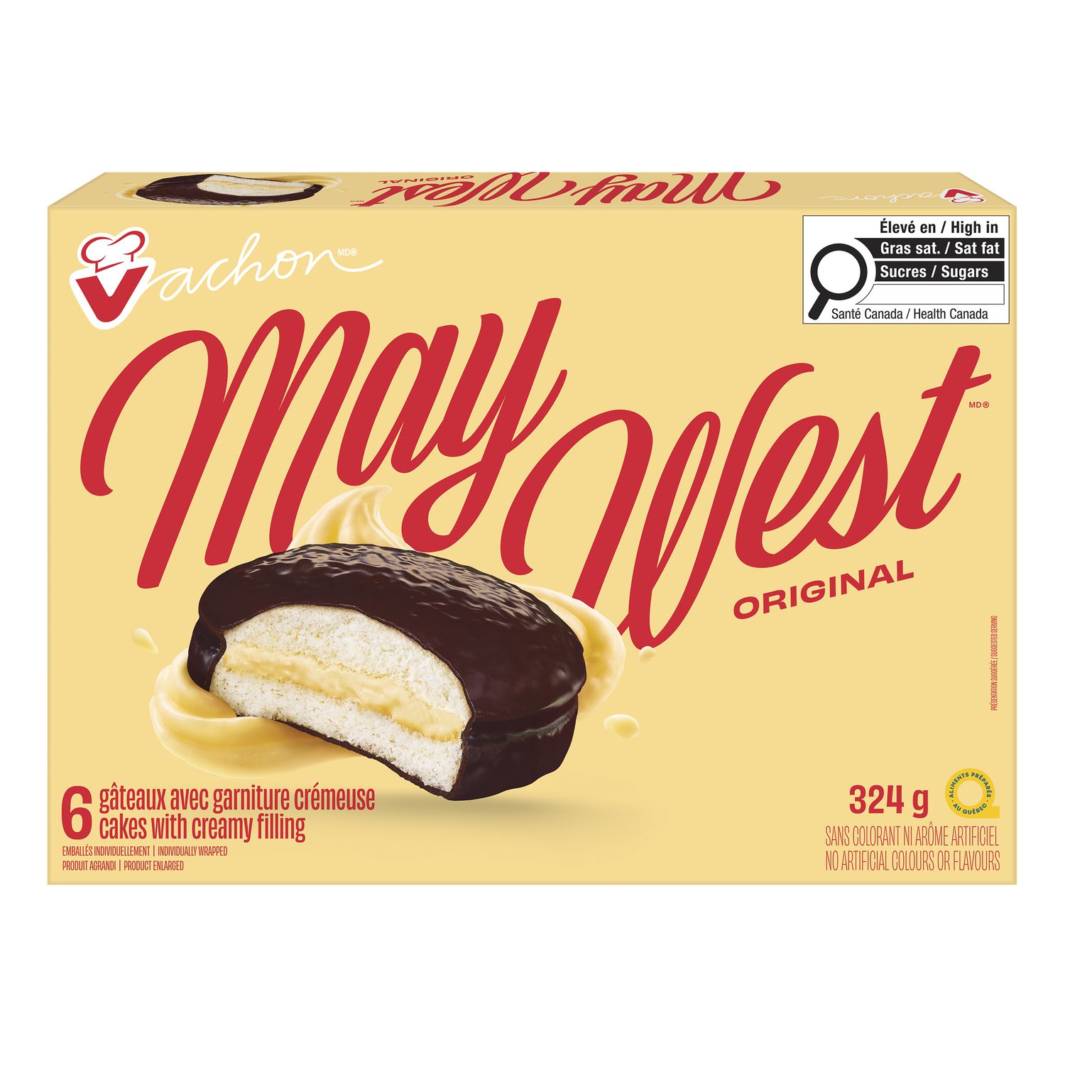 Vachon May West Original Cakes box shown from a slightly elevated front angle