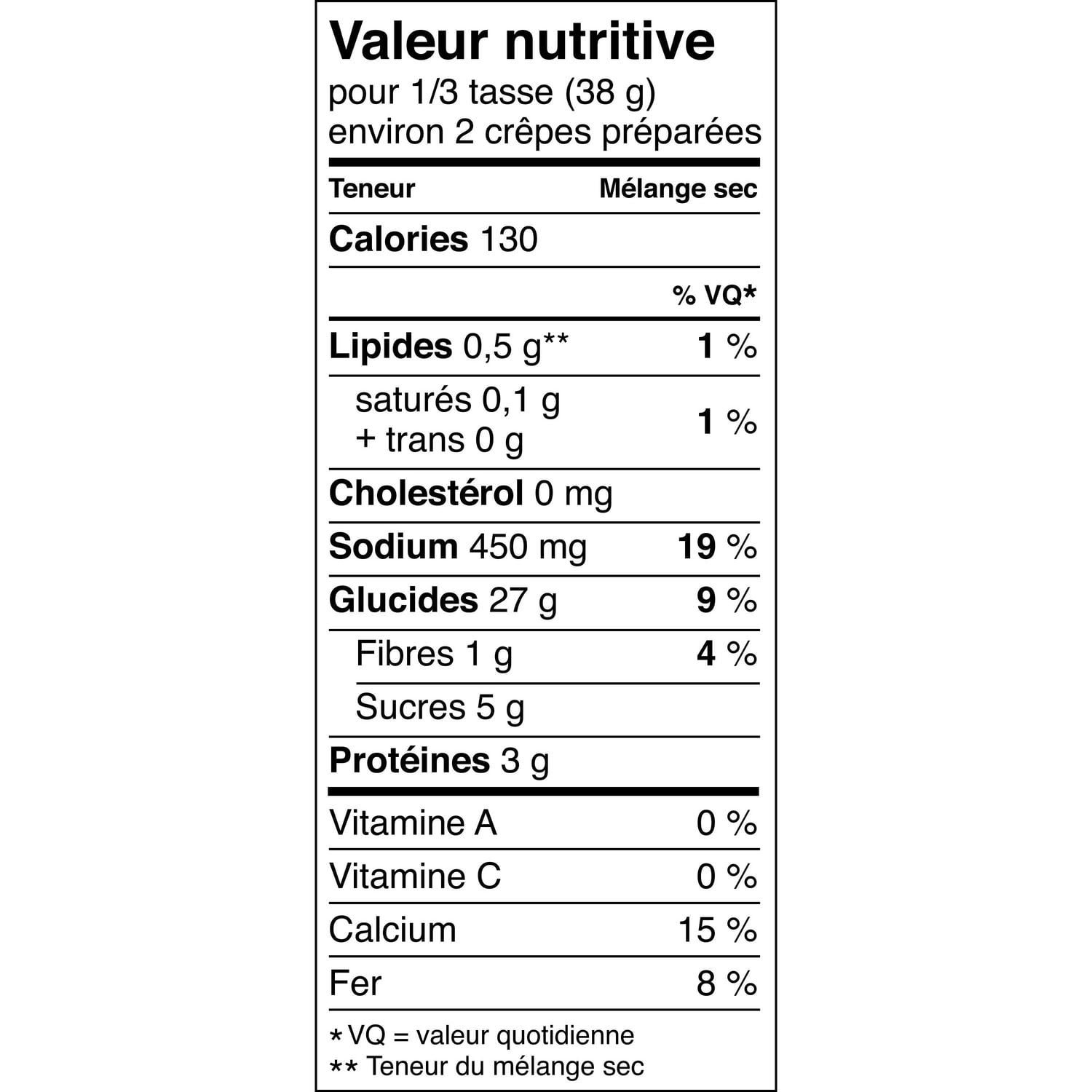 Aunt Jemima Complete Original Pancake Mix French nutrition information panel with calories, sodium, calcium, and iron
