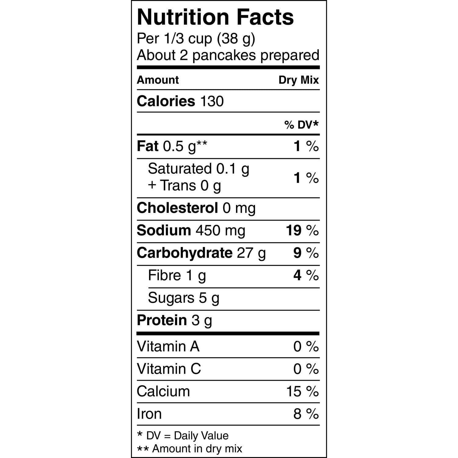 Aunt Jemima pancake mix Nutrition Facts showing 130 calories, 27 g carbohydrate, and 3 g protein per serving