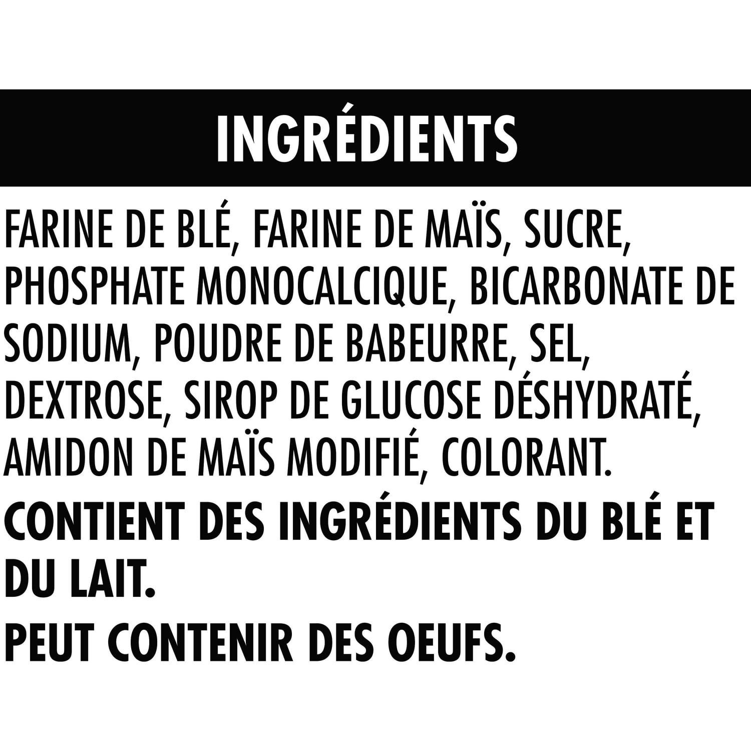 French ingredient panel for Aunt Jemima Buttermilk Pancake and Waffle Mix listing wheat, milk, and possible egg information
