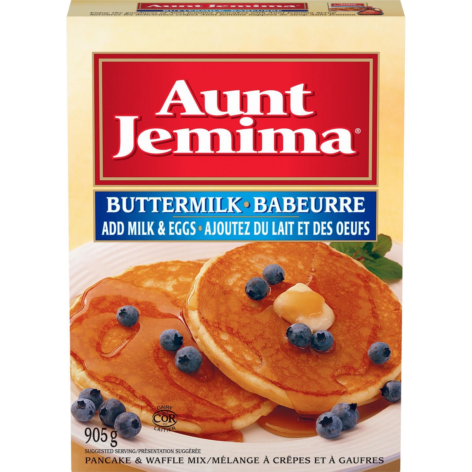 Front view of Aunt Jemima Buttermilk Pancake and Waffle Mix 905g package with pancakes and blueberries