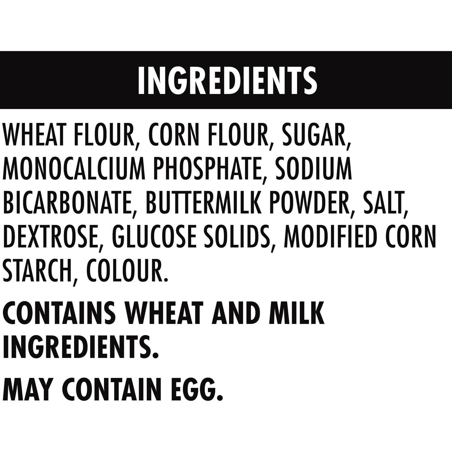 Ingredient list for Aunt Jemima Buttermilk Pancake and Waffle Mix including wheat flour, corn flour, sugar, and buttermilk powder