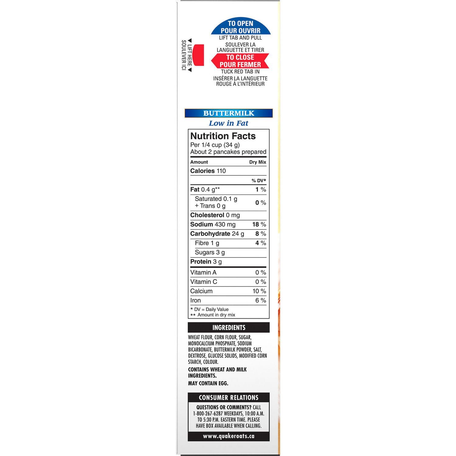 Side panel of Aunt Jemima Buttermilk Pancake and Waffle Mix showing nutrition facts, ingredients, and consumer information