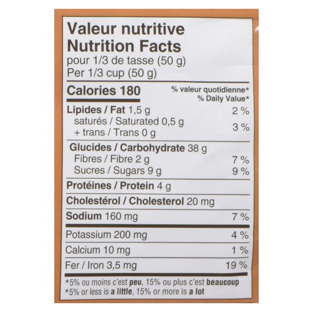 CORA Chocolate Crepe Mix nutrition facts showing serving size, calories, fat, carbohydrates, protein, and minerals