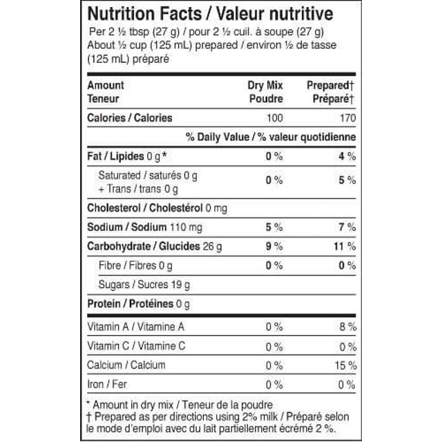 Nutrition Facts panel for Dr. Oetker Shirriff Vanilla Pudding and Pie Filling Mix 160g