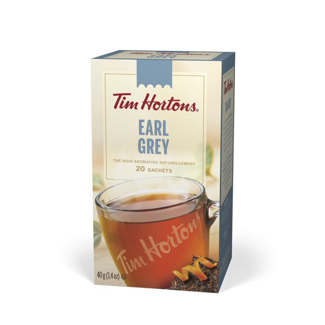 Tim Hortons Earl Grey 20 sachets package featuring a prepared cup of amber-colored tea