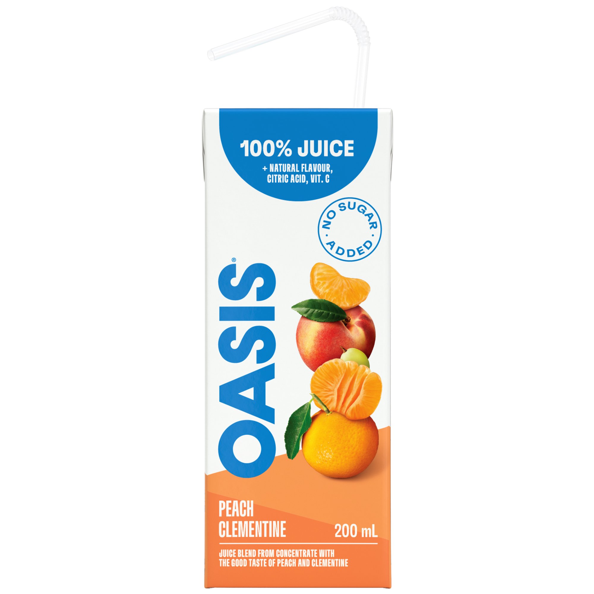Oasis Peach Clementine 200 mL juice box with straw