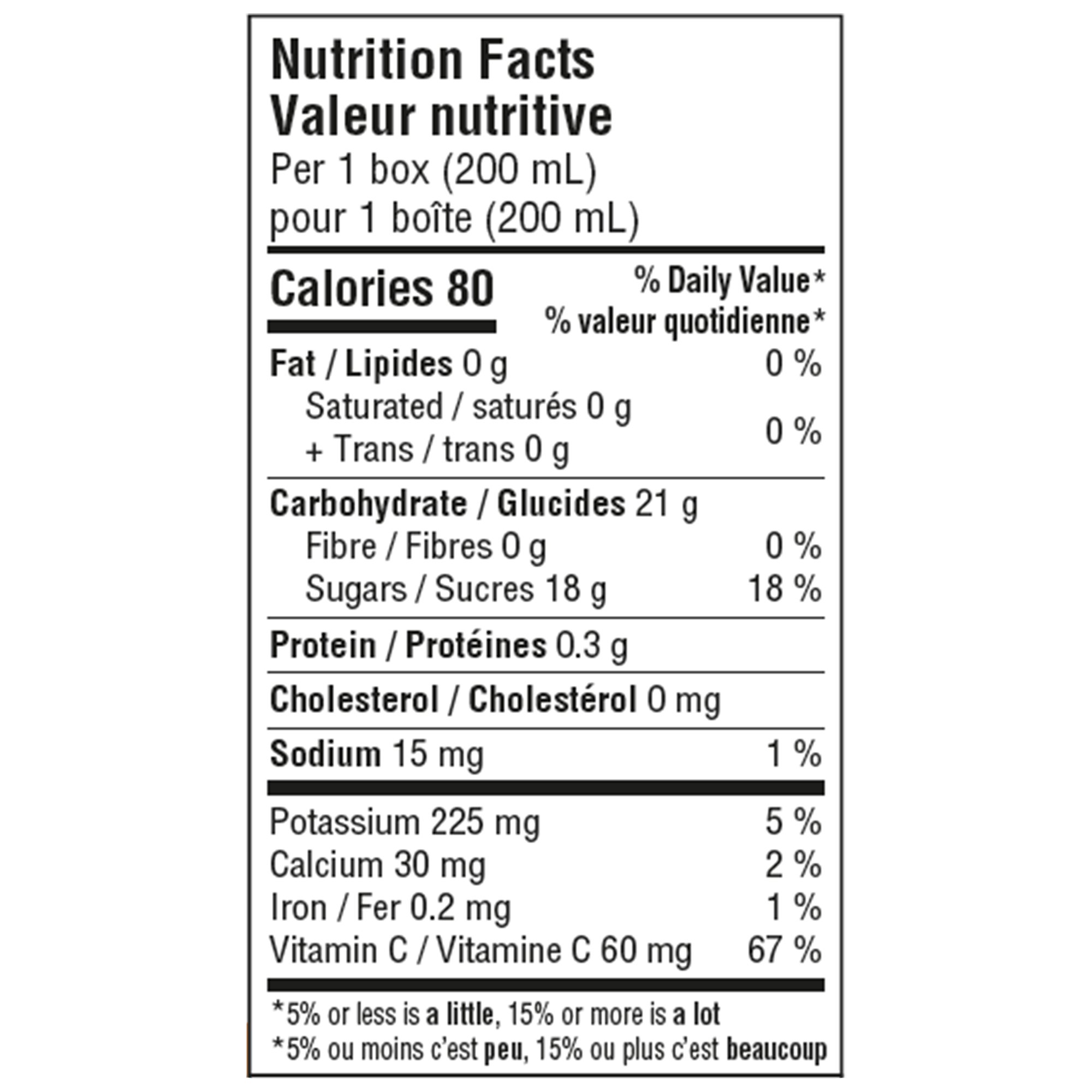 Oasis Peach Clementine Juice nutrition facts for one 200 mL box