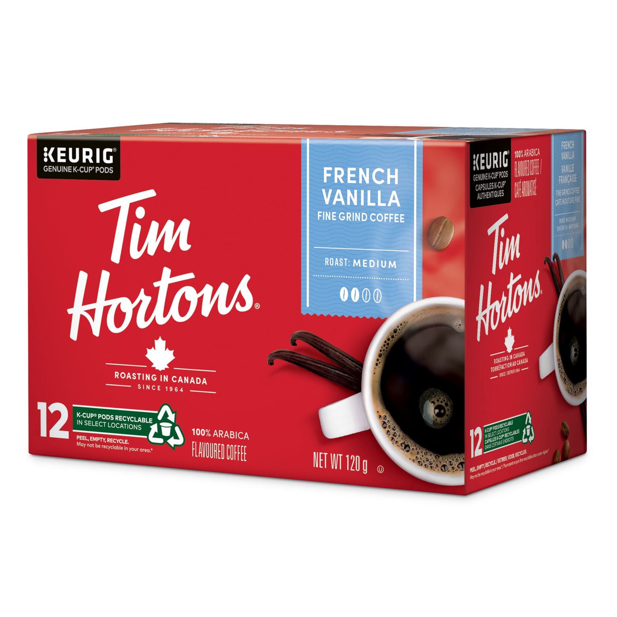 Angled Tim Hortons French Vanilla medium roast K-Cup box featuring coffee cup and vanilla beans