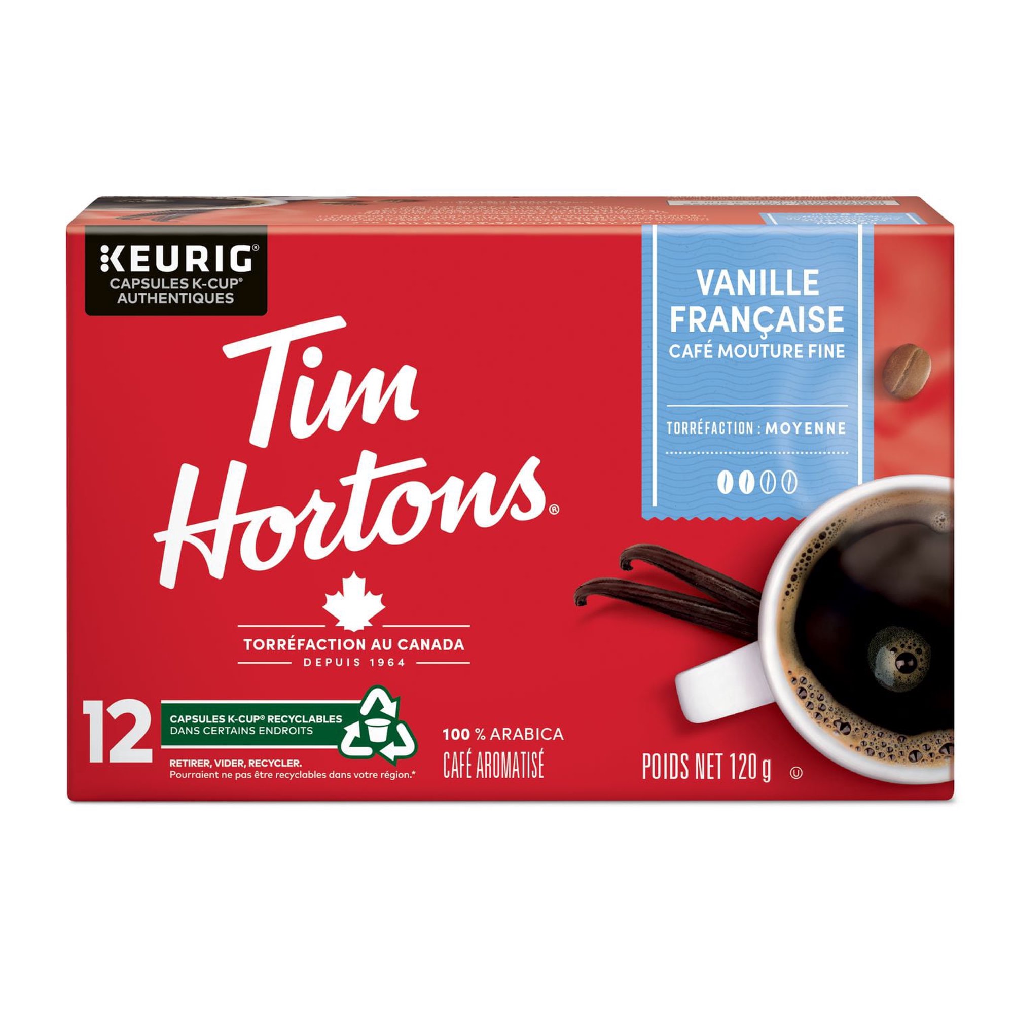 Front view of Tim Hortons French Vanilla medium roast coffee 12-count K-Cup box in French packaging