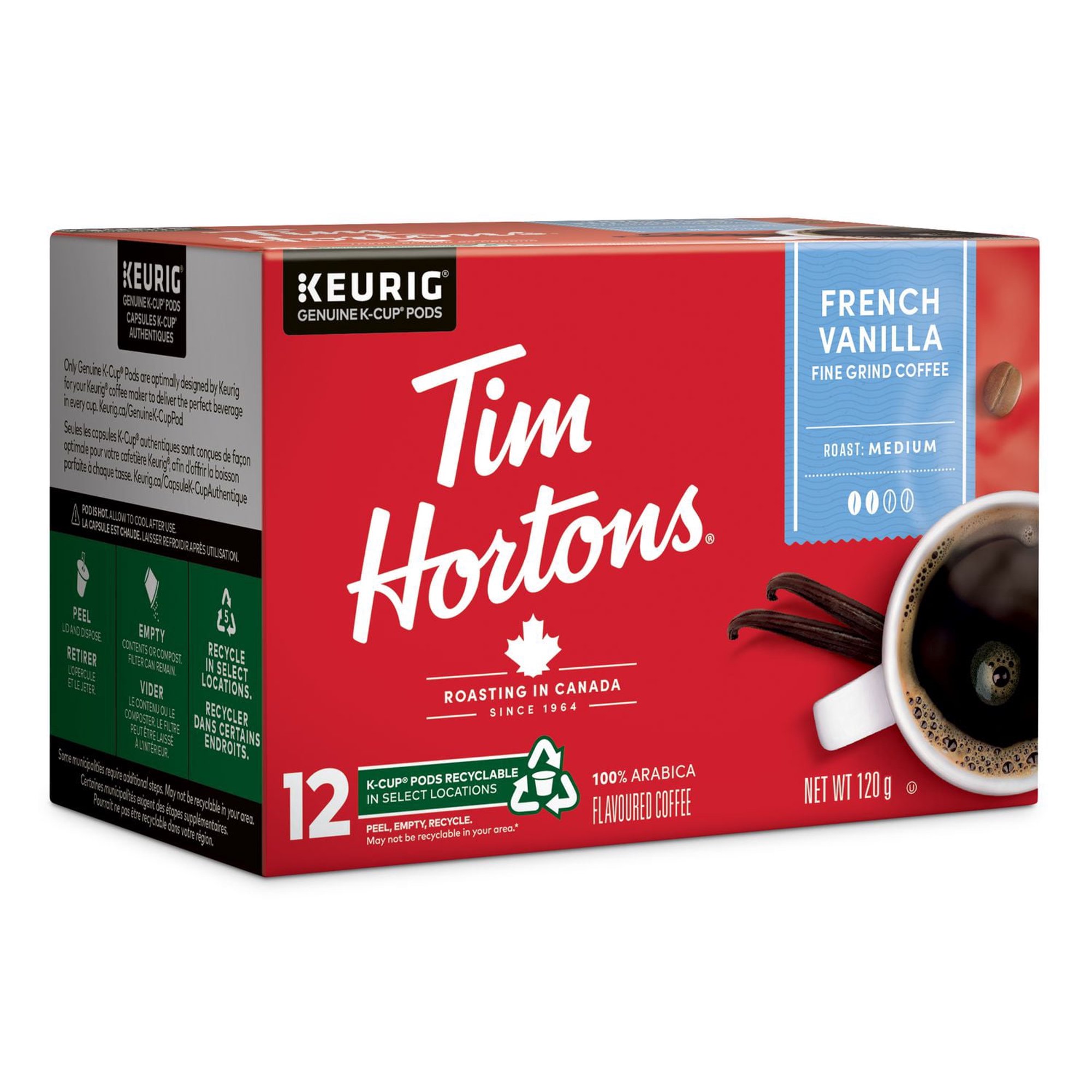 Tim Hortons French Vanilla 12-count K-Cup coffee box with side recycling panel visible