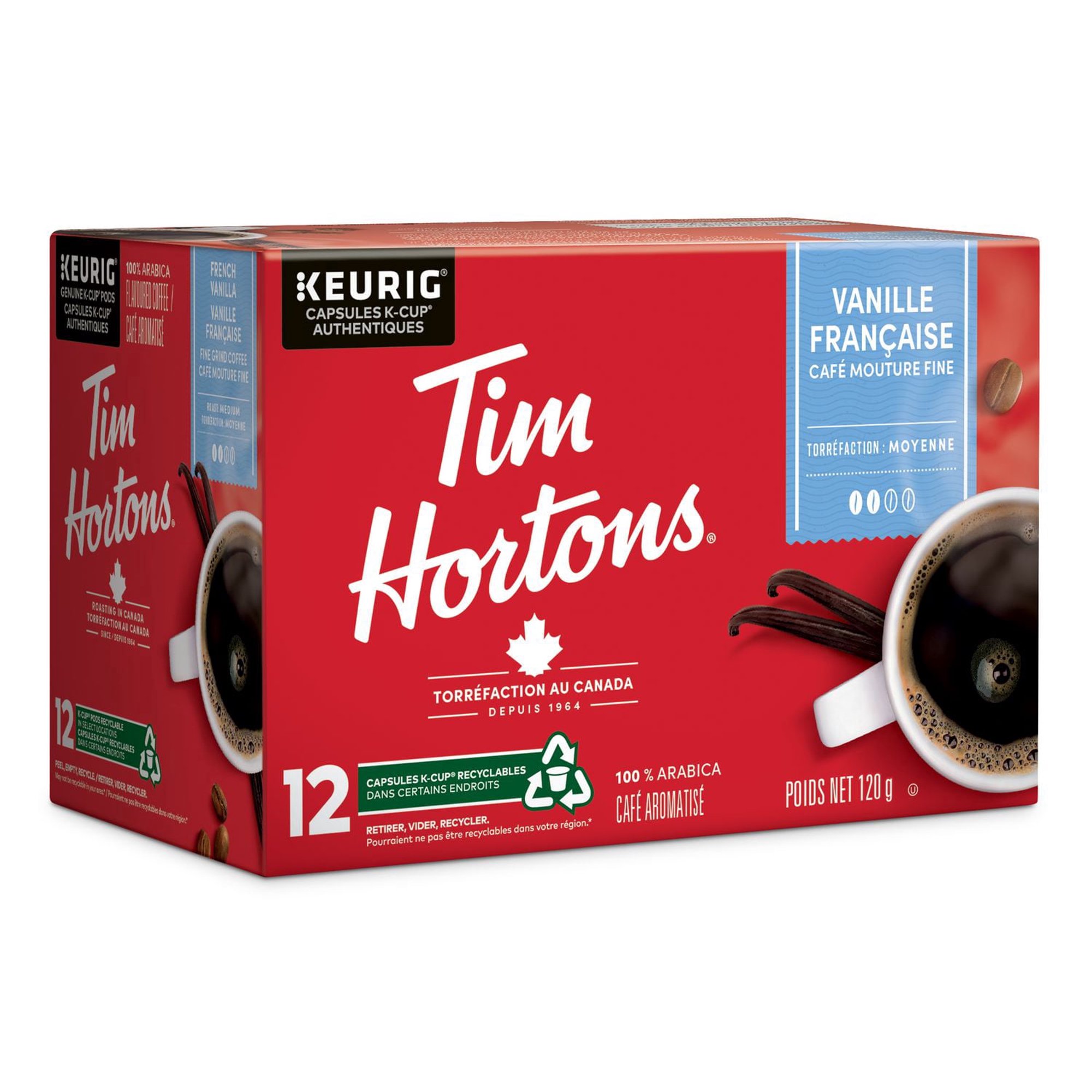Tim Hortons French Vanilla coffee K-Cup 12-pack shown from the opposite angled side with bilingual packaging