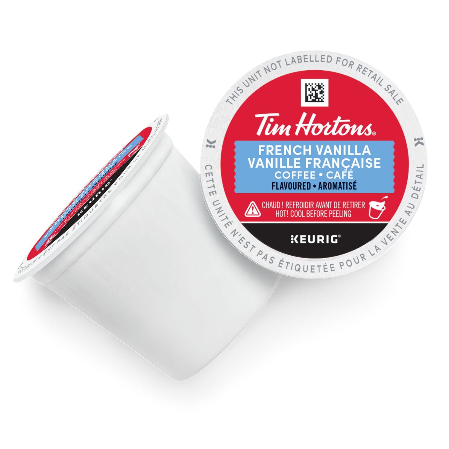 Two Tim Hortons French Vanilla Keurig K-Cup coffee pods with red and blue foil lids
