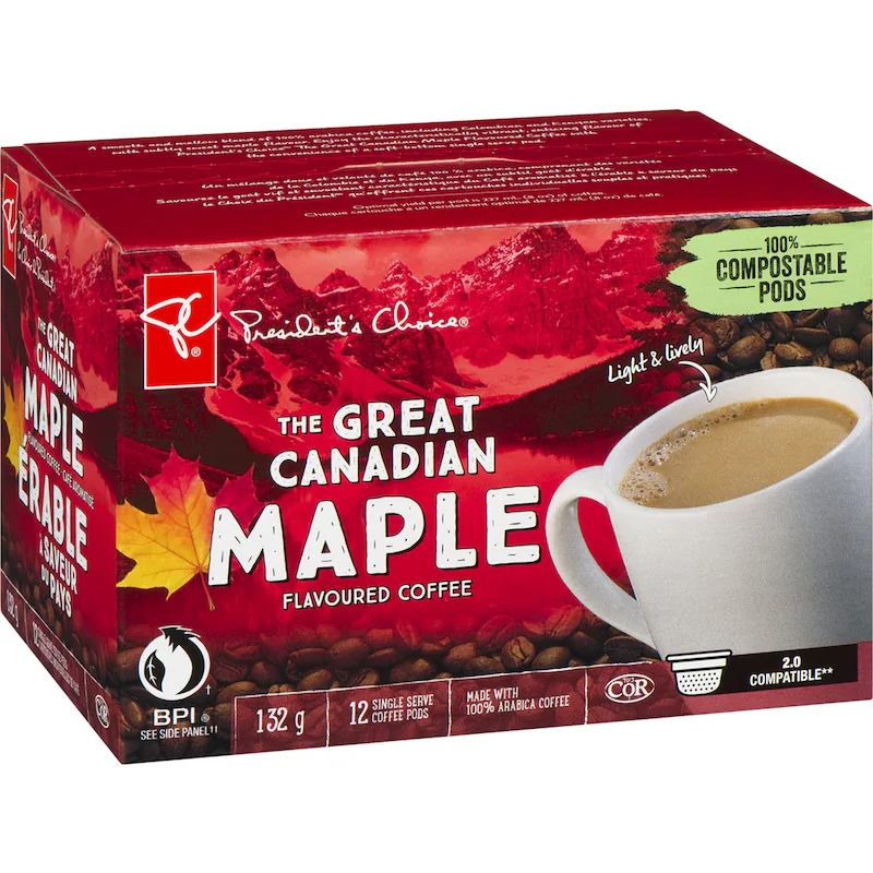President’s Choice Maple Flavoured Coffee 132 g package showing 12 single-serve coffee pods
