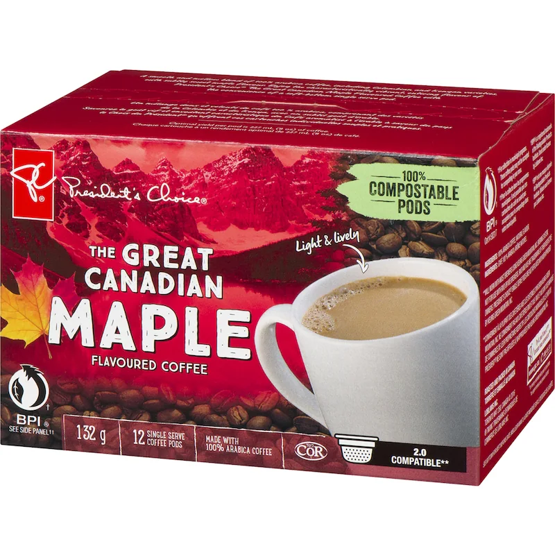 The Great Canadian Maple Flavoured Coffee box displayed from an angled side view with coffee cup