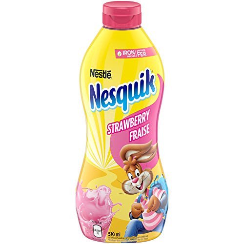 Front view of Canadian Nestle NESQUIK Strawberry Syrup bottle with strawberry milk graphics