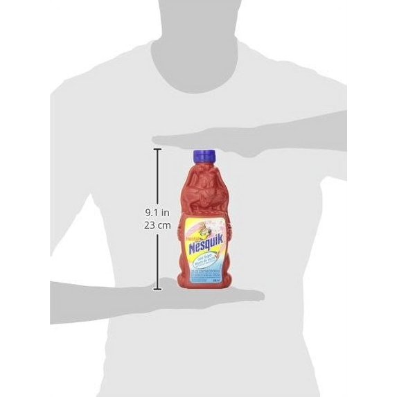 NESQUIK syrup bottle size reference showing approximately 9.1 inch bottle height