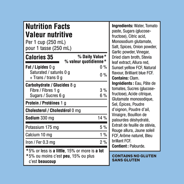 Mott's Clamato Original Light nutrition facts and ingredients label showing 35 calories per 250 mL serving