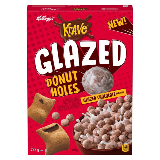 French packaging of Kellogg's Krave Glazed Donut Holes cereal with chocolate-flavored glaze