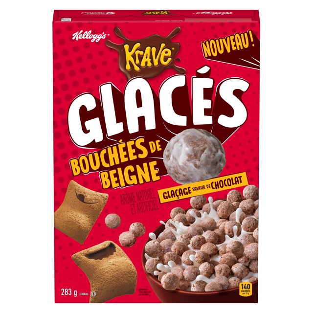 Front view of Kellogg's Krave Glazed Donut Holes cereal box featuring crunchy donut-inspired cereal