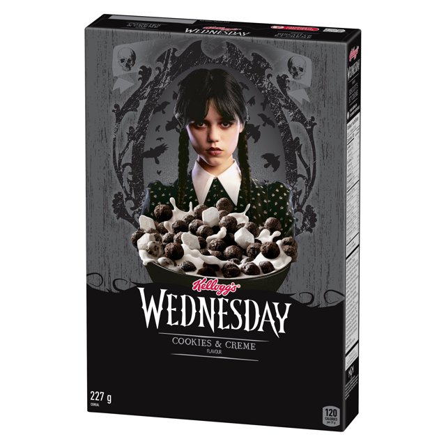 Angled view of Kellogg's Wednesday Cookies & Creme Flavour Cereal 227g box
