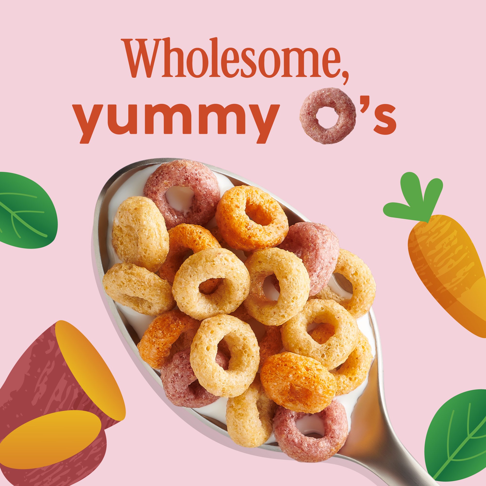 Bowl of colorful Cheerios Veggie Blends Apple Strawberry cereal with milk