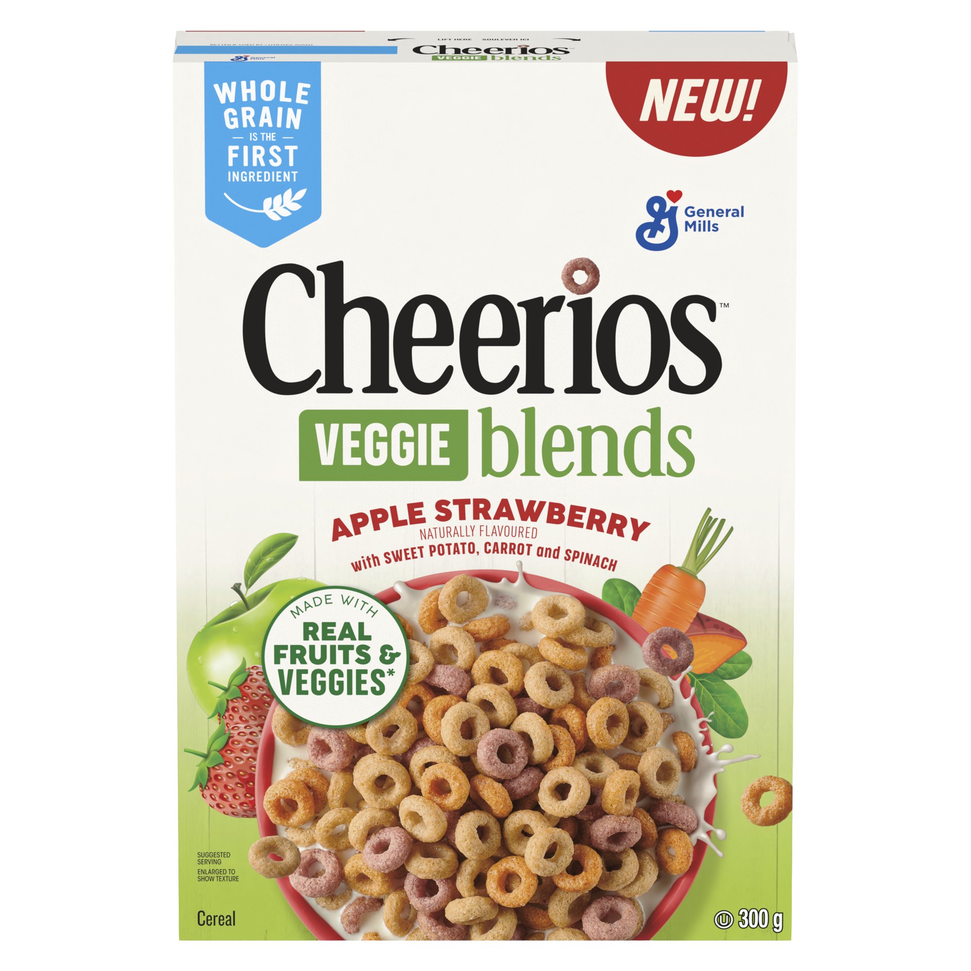 Front-facing Cheerios Veggie Blends Apple Strawberry cereal box with 300 g net weight