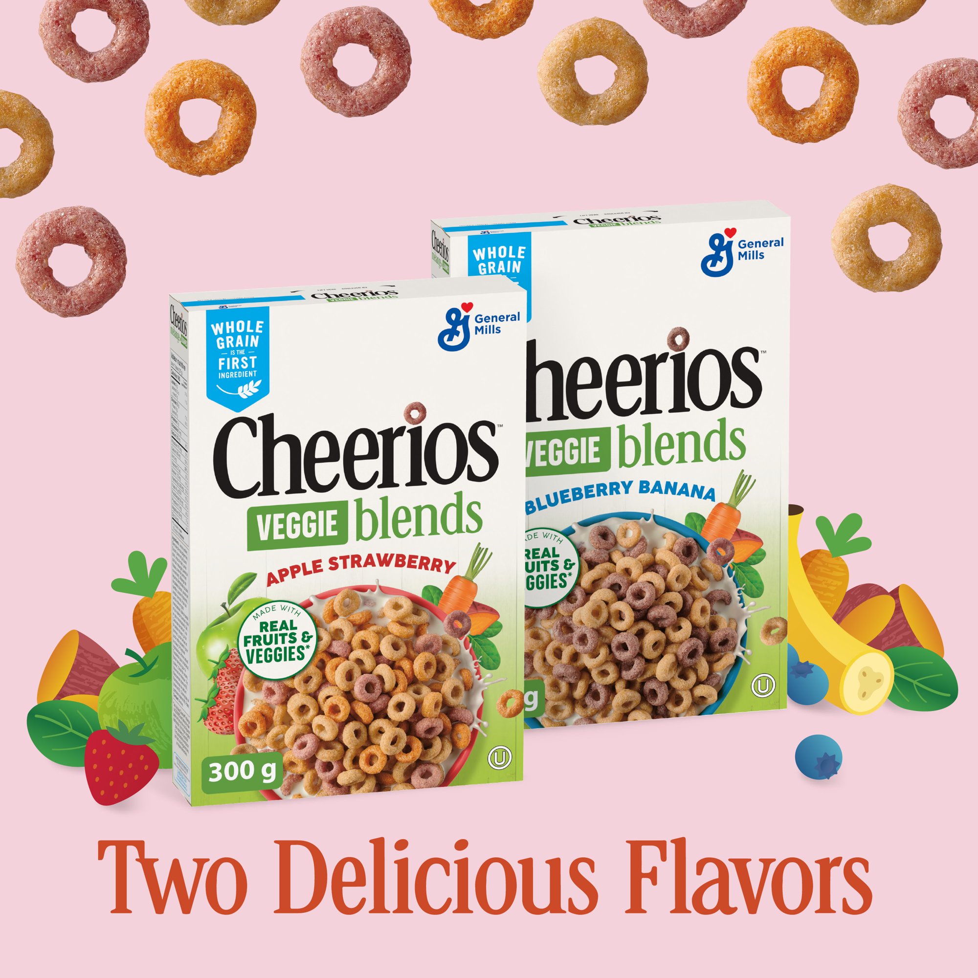 Two Cheerios Veggie Blends cereal boxes showing Apple Strawberry and Blueberry Banana varieties